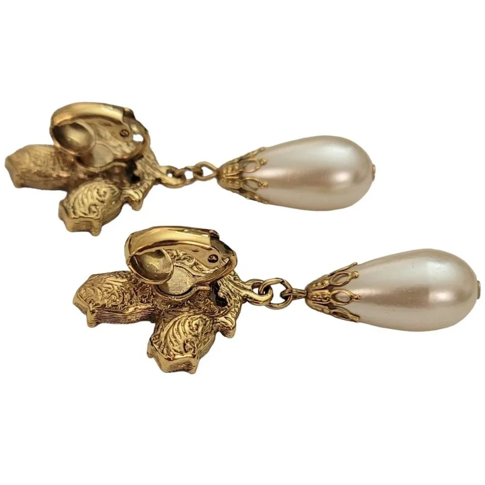 1928 Brand Faux Pearl Dangle Clear Rhinestones Clip-On Earrings 1.8” L E212 - Picture 4 of 9